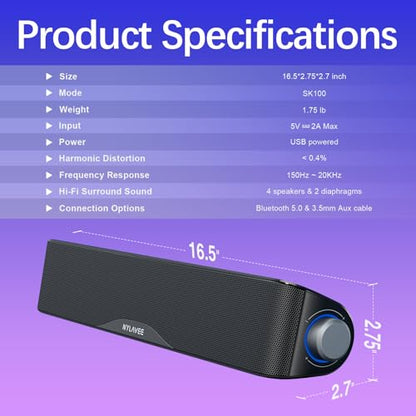Nylavee Computer Speakers, Hi-Fi Stereo Computer Sound Bar with Bluetooth & 3.5mm Aux, USB/USB-C Powered for Desktop PC, Laptop & Monitor, Built-in Mic and Headphone Jack - color: Black