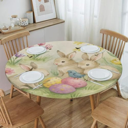 Famame Easter Rabbits Egg Flowers Round Fitted Tablecloth with Elastic Protector Table Kitchen Dinner Waterproof Oil-Proof Table Covers Fits 40"-44", Small - color: Easter Rabbits Egg Flowers, size: Small (40"-44")