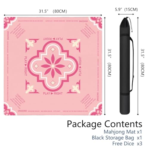 Pink Mahjong Mat with Rules, 31.5*31.5in Anti Slip American Mahjong Mat for Table, Noise Reduction, Neoprene Mah jongg Mats with Carrying Bag & 3 Dices, Mahjong Supplies Gift, Board Tile Games Mats - color: Pink02