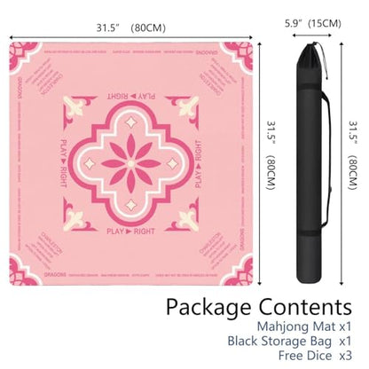 Pink Mahjong Mat with Rules, 31.5*31.5in Anti Slip American Mahjong Mat for Table, Noise Reduction, Neoprene Mah jongg Mats with Carrying Bag & 3 Dices, Mahjong Supplies Gift, Board Tile Games Mats - color: Pink02