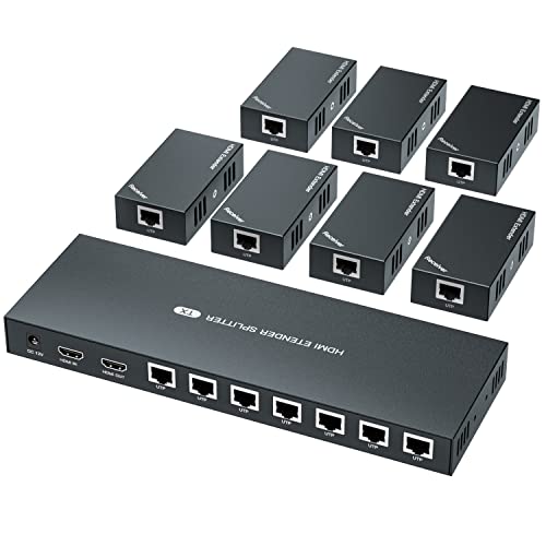 HDMI Extender Splitter 1x7 1080P@60Hz Over Cat 5E/6/7 Ethernet Cable 165ft | Support EDID Copy POC Function (1 in 7 out), for Church, Classroom, Business Activity, Multi Video Displays - size: 1x7 1080P 165ft