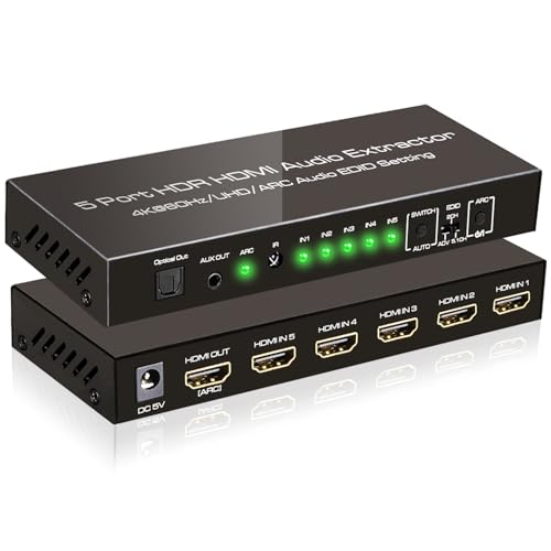 SkycropHD 4K@60Hz HDMI Switch Audio Extractor Converter, 5 in 1 Out HDMI Switcher with Optical & 3.5mm AUX Audio Output, Support HDCP 2.2, HDR10, 18Gbps, ARC