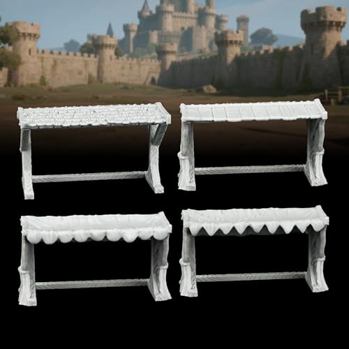 Miniature Game Market Stalls - 25mm Scale Unpainted TTRPG Merchant Tent Scenery, 4-Piece Fabric Awning Map Props for Dungeons and Dragons Wargame - Market Stall Awning (AF1104 P) - color: Af1104 P Market Stall Awning