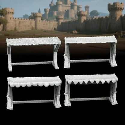 Miniature Game Market Stalls - 25mm Scale Unpainted TTRPG Merchant Tent Scenery, 4-Piece Fabric Awning Map Props for Dungeons and Dragons Wargame - Market Stall Awning (AF1104 P) - color: Af1104 P Market Stall Awning