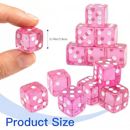 12 Piece 19 mm Casino Style Dice Set, Acrylic Translucent D6 Dice with Square Rounded Edge, Pink for Craps, Table Games, Board Games, RPG, MTG, DND(Pink) - color: Pink