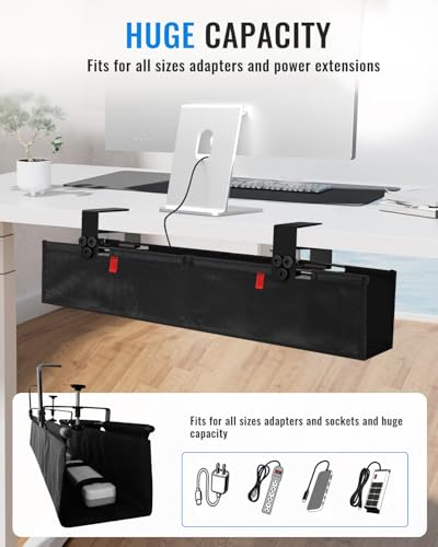28" No Drill Under Desk Cable Management Tray - Upgraded Oxford Fabric with Cable Loop, No Damage to Table for Standing Desks and Home Office (Regular (28 Inch))
