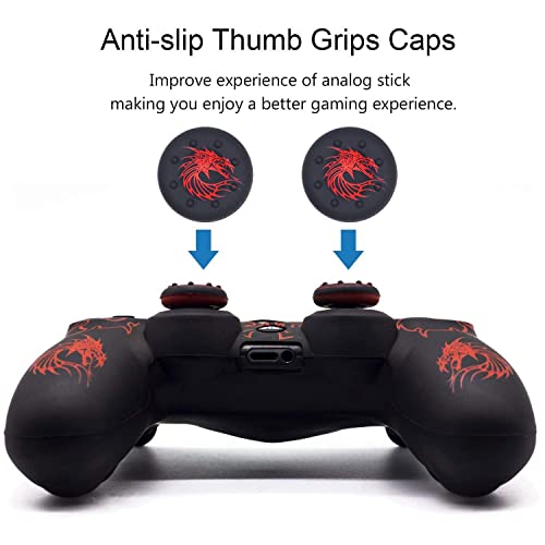 Skin for PS4 Controller, BRHE Anti-Slip Grip Silicone Cover Protector Case Compatible with PS4 Slim/Pro Wireless/Wired Gamepad Controller with 2 Dragon Carving Thumb Grip Caps - color: Red