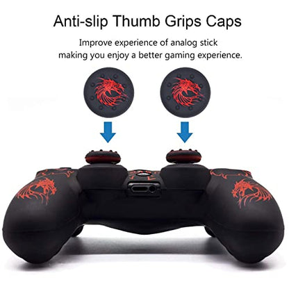 Skin for PS4 Controller, BRHE Anti-Slip Grip Silicone Cover Protector Case Compatible with PS4 Slim/Pro Wireless/Wired Gamepad Controller with 2 Dragon Carving Thumb Grip Caps - color: Red