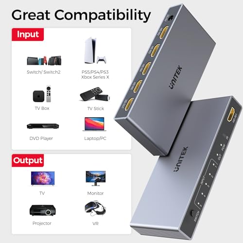 Unitek HDMI Switcher 5 Computers 1 Monitor with Remote Power Adapter | 4K HDMI Selector Switch Compatible with PC PS5 PS4 Xbox DVD Player Fire Stick TV Office Entertainment Home Theater - style: HDMI