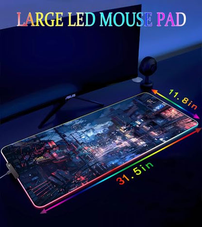 RGB Gaming Mouse Pad, Large Mousepad with Led Light, Gaming Accessories Keyboard Pad for Desk, Non-Slip Rubber Base Big Mouse Mat for Gamer, 31.5 X 11.8 Inch, Japanese Streets - color: 10 Japanese Streets