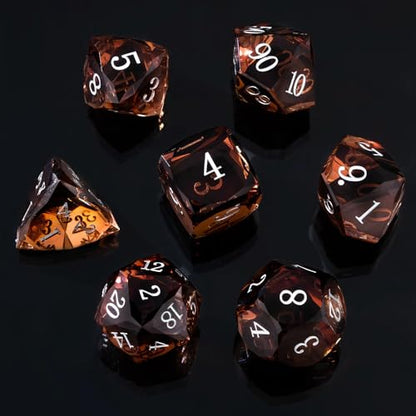 Resin DND Dice Set, 7 Pieces Handmade Sharp Edge Polyhedral Dice for Role Playing Game, Dice Accessory for D&D RPG Players and Starters d4 d6 d8 d10 d12 d20 with Gift Box (Brown) - color: Brown