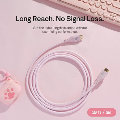 Pixio Pink 8K HDMI 2.1 Cable Ultra Certified Ultra High Speed 10FT 8K 60Hz 4K 120Hz Nylon Braided, Gold Plated Connector, Anti-Breakage, HDR10+, dtsx, eARC, HDCP, Dolby Compatible - color: Pink, size: 10 ft