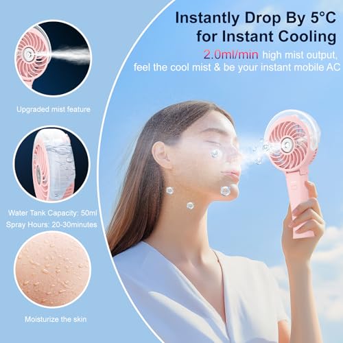 HandFan 4000mAh Handheld Misting Fan, 50ml Water Tank, Rechargeable Personal Mister Fan Portable AC, Spray Water Mist Fans, Foldable Cooling Ice Fans for Beach Travel Outdoors(Pink) - color: Pink, style: 4000mAh