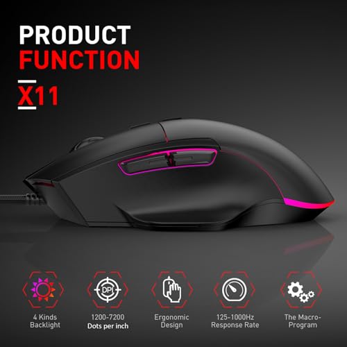 Tangxi Wired Gaming Mouse, Ergonomic Optical Mouse with 1200-7200 Adjustable DPI, 7 Macro Programmable Buttons, 4 Backlit Lights, 125-1000HZ Polling Rate, for Laptop PC
