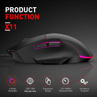 Tangxi Wired Gaming Mouse, Ergonomic Optical Mouse with 1200-7200 Adjustable DPI, 7 Macro Programmable Buttons, 4 Backlit Lights, 125-1000HZ Polling Rate, for Laptop PC