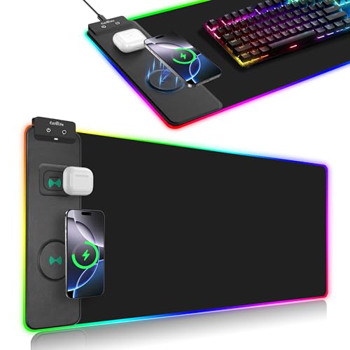 Wireless Charging Mouse Pad, RGB Gaming Mousepad, 31.5"x11.8" | Extra Large LED Desk Mat, 13 Lighting Modes, Ultra-Smooth Surface, Non-Slip Base, Waterproof Computer Keyboard Pad, Black - color: Black-31.5"x11.8"
