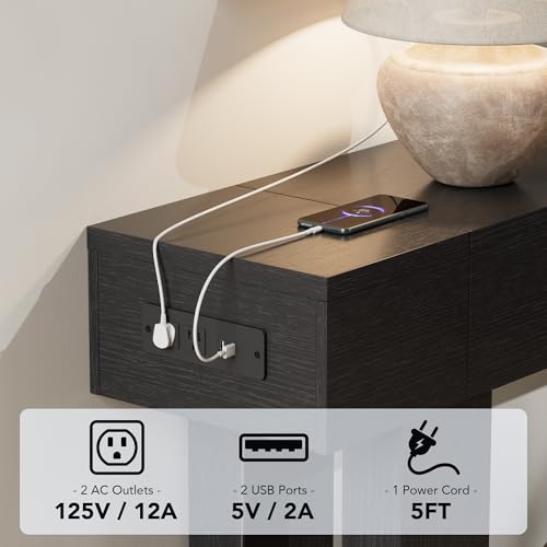 63 Inch Long Console Table w/Outlets & USB Ports, Narrow Rectangular Sofa Table Behind The Couch, Farmhouse Entryway Table for Entrance, Hallway, Living Room(Black with Outlet) - color: Black, style: With Socket