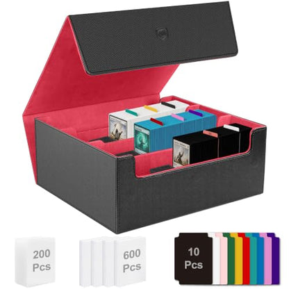 Trading Card Storage Box, Holds 1800 Sleeved Card, PU Magnetic Closure | 200 Toploaders and 600 Penny Sleeves INCLUDED, 10 Dividers and 6 Foam Stoppers INCLUDED, Fit for MTG, TCG and Sports Cards - color: Black and Red