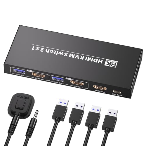 8K60Hz 4K120Hz HDMI KVM Switch 1 Monitor 2 Computers, 2 Port KVM Switch for Controlling 2 PCs with 1 Monitor, Keyboard and Mouse, 4 Port USB 3.0 for Peripheral - color: 8K 1 Monitor 2 PCs