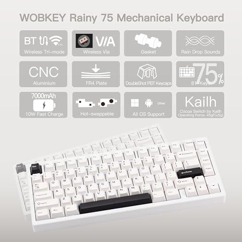 KEEBMONKEY WOBKEY Rainy 75 CNC Aluminum HMX/JWK/Cocoa Switches Triple-Mode Connectivity Mechanical Keyboard with Superior Acoustics, RGB/FR4/Silver SUS304/7000mAh/Cocoa Switch (Pro - Luna) - style: Pro - Luna