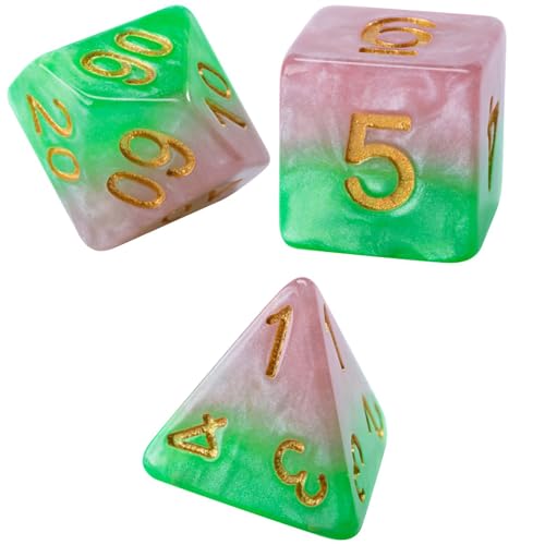 Gate Keeper Games and Dice: Halfsies Dice: Rose Dice - 7pc Set, Rose Petal Pink & Thorn Green, Pearlescent Swirl, 7 Resin Dice for Role Playing Games - style: Rose