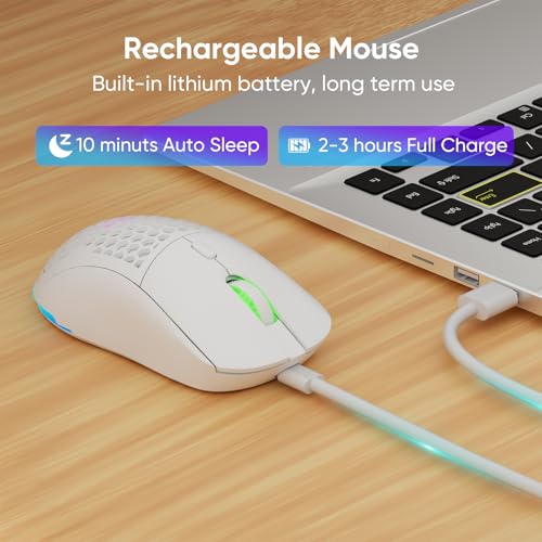 Honeycomb M32 Wireless Gaming Mouse - 2.4GHz RGB Rechargeable Ergo Mouse with Silent Clicks & 3200 DPI for PC/Mac -White - color: White
