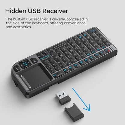 K808 Mini Keyboard with Touchpad, 2.4G + BT, with 7-Color Backlight | 600mAh rechargeable battery, laser pointer, compatible with pc/tv/htpc,and other devices, for travel,office and home use