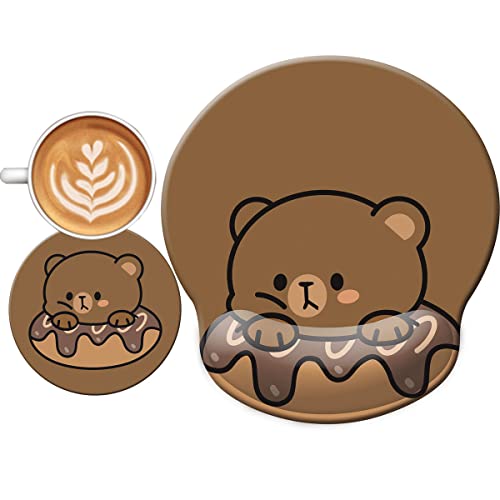 Cute Ergonomic Mouse Pad Wrist Support,[ 20% Larger] Wrist Rest Non-Slip Gel Anime Kawaii 3D Bear Donut Mouse Pads, Silicon Wrist Pad,with Coaster,Easy-Typing,Pain Relief, Game Work Study Home Office - color: Bear