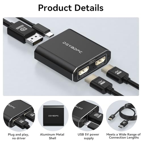 DisplayPort to Dual HDMI Adapter 1 in 2 Out, 4K60Hz Display Port DP 1.4 to 2 HDMI Splitter for PC Graphics Card Monitor Supports Windows Extended Mode, [MacOS Only Mirror Mode], No DP Cables - size: DP to Dual HDMI
