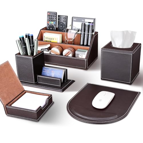 5PCS Desk Organizer and Accessories Set, Pu Leather Office Supplies with Multifunction Desktop Organizer Storage Box, Tissue Holder, Mouse Pad, Note Paper Holder, Pencil Holder for Desk Brown - color: K-T50K-Brown