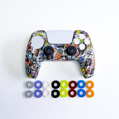 Precision Kit for PS5 Controller, Anti-Slip Silicone Skin Cover with 16Pcs Adjustable Tension Rings, Thumbstick Aim Assist and Protection Bundle - Grey Graffiti - color: Grey Graffiti