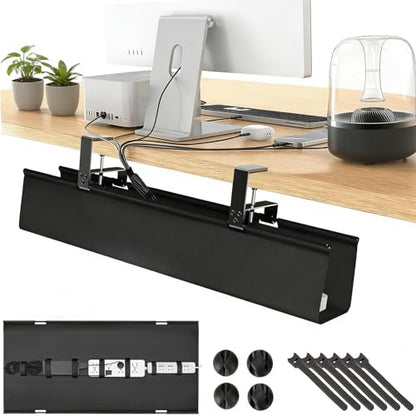 No Drill Under Desk Cable Management Tray, 28" Fabric Cord Hider for Wire Organizer, Clamp/Screw Mount Desk Cable Management, Cable Raceways Tray Cord Hiders for Office/Home