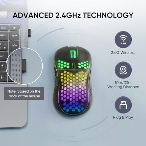 MELOGAGA Wireless Gaming Mouse RGB Rechargeable Lightweight Honeycomb Black | 7-Color LED Light, 4 DPI Levels, USB-C Recharge & Stable 2.4G Wireless for PC Mac Laptop Desktop Computers - color: Black