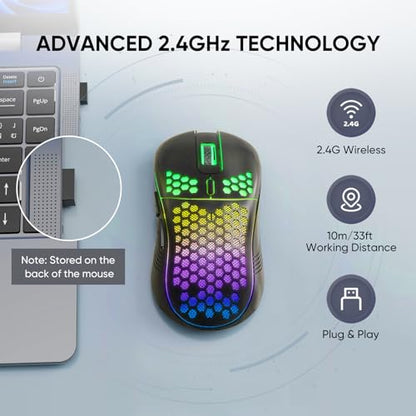 MELOGAGA Wireless Gaming Mouse RGB Rechargeable Lightweight Honeycomb Black | 7-Color LED Light, 4 DPI Levels, USB-C Recharge & Stable 2.4G Wireless for PC Mac Laptop Desktop Computers - color: Black