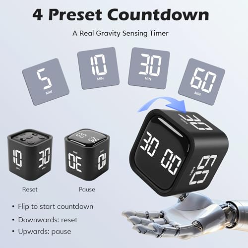 Pomodoro Timer Cube, Productivity Visual Timer Flip, 5/10/30/60 Min Preset Custom Countdown, ADHD Tool Rotating Countdown Stopwatch, Vibrate/High/Low Volume, for Study, Work, Game, Kitchen-Black - color: Black