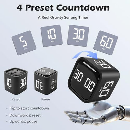 Pomodoro Timer Cube, Productivity Visual Timer Flip, 5/10/30/60 Min Preset Custom Countdown, ADHD Tool Rotating Countdown Stopwatch, Vibrate/High/Low Volume, for Study, Work, Game, Kitchen-Black - color: Black