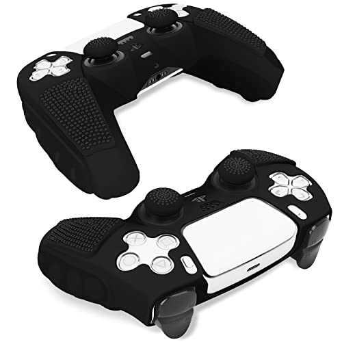 SIKEMAY Anti-Slip PS5 Controller Skin, Soft Thicken Non-Slip Studded Silicone Gel Grip Protective Cover Case for PlayStation 5 Controller Grip, 2 Pack with 8 x Thumb Grip Caps - color: Black