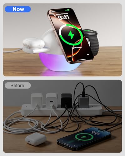 3-in-1 Charging Station for Apple, Mizccdem Qi2.2 25W Certified Wireless MagSafe Fast Charger Stand with Night Light for iPhone17/16/15/14/13/12 Series, Apple Watch, AirPods(45W Adapter Included)