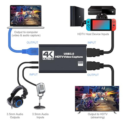dobestyou 4K Capture Card Black for Streaming, Recording & Gaming – HDMI Video Capture Device with USB 3.0, 1080p 60fps, Plug & Play,Zero Latency for PS5, Xbox, Switch, OBS, PC, Mac - size: Capture Card With Hdmi Cable-Black