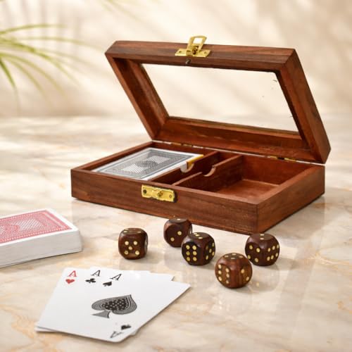 Playing Cards Set of 2 in Handmade Wooden Storage Box Case Holder with 5 Dice in Antique Design Anniversary Birthday Gifts "Made in India" (Design 1) - color: Design 1