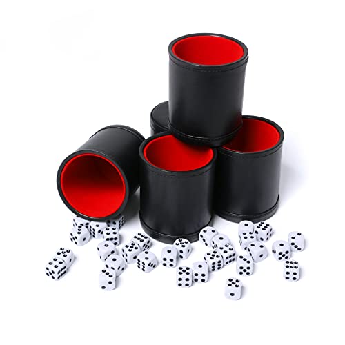Leatherette Dice Cup Set Red Felt Lined Shaker with 6 Dot Dices for Yahtzee Farkle Bar Party Dice Games-5 Pack - color: Red