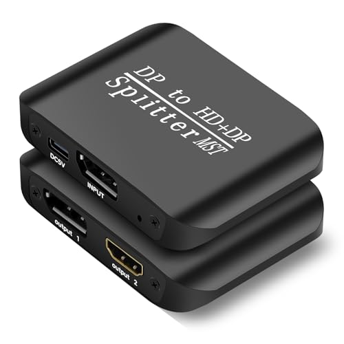 ACHAVE DisplayPort to HDMI and DisplayPort Splitter, 4K MST Hub, Black Metal, 1 Input 2 Output Adapter, Video Signal Converter for PC and 2 Monitors (MacOS Only Supports SST Mode)