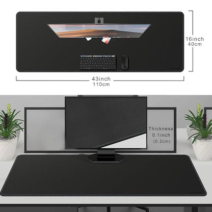 CENNBIE Leather Desk Mat - 43.6" x 16" Oversized Mouse Pad, Black | Premium Stitched Edges Resist Wear. Waterproof, Non-Slip & Easy To Clean. Protects Desk From Scratches. For Office & Home. - color: Black, size: 43.6" x 16"