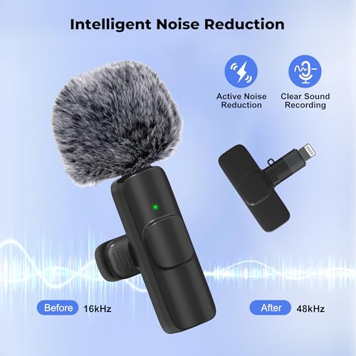 Wireless Microphone for iPhone, Android Wide Compatibility Noise Reduction Clear Sound Lavalier Microphone for Podcast, Video Recording, Live Streaming, YouTube, Tiktok, Vlog, 2 Pack