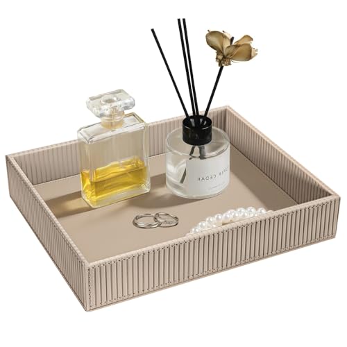 SITHON Valet Tray Desk Organizer PU Leather Catchall | Bedside Vanity Tray Nightstand Caddy Coin Box Key Jewelry Storage Organizer, Graduation, Stripe Latte - color: Stripe Latte