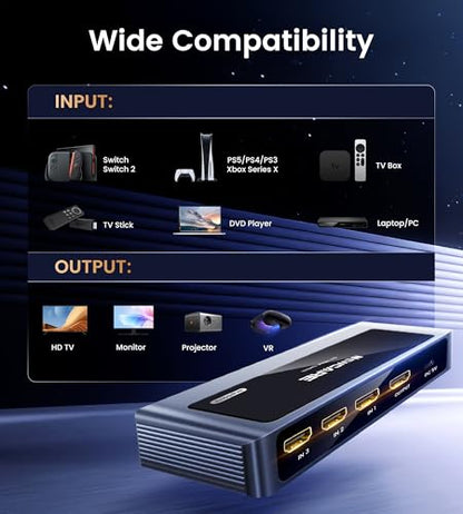 NEWCARE HDMI 2.1 Switch 3 in 1 Out 4K@120Hz, Aluminum 3 Ports HDMI Switcher Splitter with Remote, Supports 8K@60Hz 48Gbps HDR10+ 3D Dolby VRR HDCP 2.3 for TV PS5 Xbox Laptop Projector