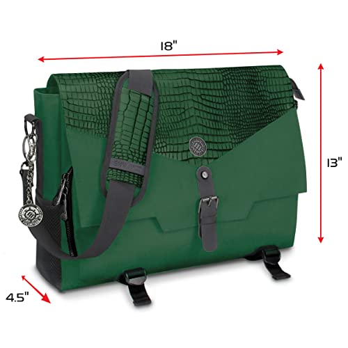 ENHANCE Collector's Edition RPG Player's Essentials DnD Bag - Dragon Hide Exterior Messenger Bag Fits 2-4 Books, Binders, Dice & Accessories, with 17 inch Laptop Slot, Battlemap Straps (Dragon Green) - color: Dragon Green