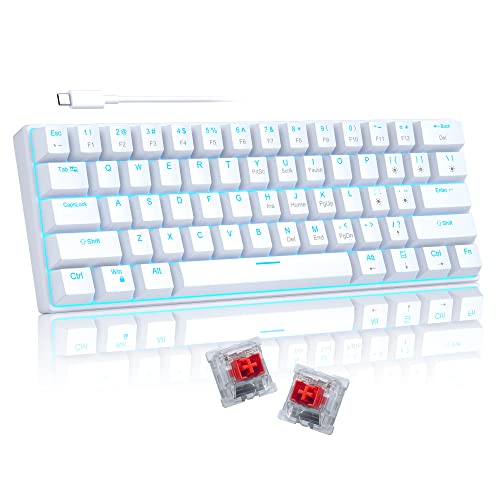 Camiysn 60% Mechanical Gaming Keyboard, White Gaming Keyboard with Red Switches, Detachable Type-C Cable Mini Keyboard with Blue LED Light for/PC/Laptop - size: white(red switch)