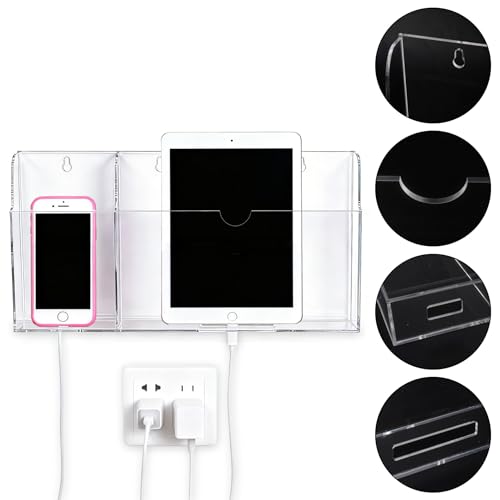 Acrylic Wall Mounted Phone Holder, Tablet Wall Mount with Charging Holes, 2 Slots Wall Remote Control Holder for iPad Kindle Laptop, Clear