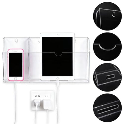 Acrylic Wall Mounted Phone Holder, Tablet Wall Mount with Charging Holes, 2 Slots Wall Remote Control Holder for iPad Kindle Laptop, Clear